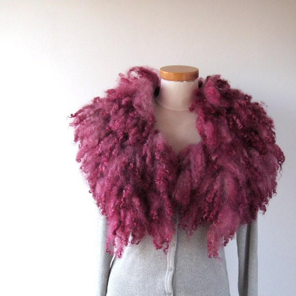 Felt Fur Curly Collar scarf Burgundy Dark Red Marsala Hand Felted Pure Real Wool Fleece real fur scarf by Galafilc Organic and Cruelty Free