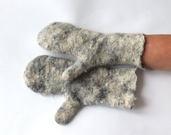 Felted gloves Hand Felted Alpaca Mittens, Grey White  alpaca gloves, Grey wool mittens, Cozy winter Gloves, Alpaca wool arm warmer