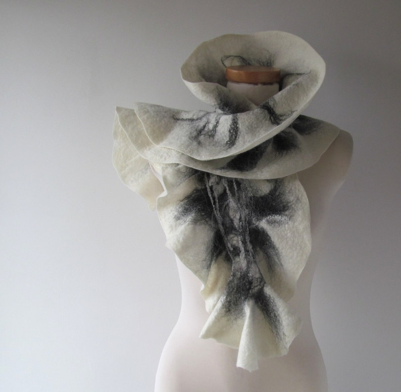 Felted scarf Grey scarf ruffle collar, wet felted ruffle scarf , White Black grey collar by Galafilc gift for her outdoors gift image 5