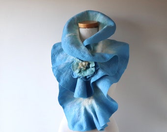Nuno Felted scarf, Blue  ruffle shawl, Nuno felted  collar, Blue Wool scarf, Floral Rose shawl wedding scarf