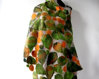 Nuno felted scarf, Green Yellow felt scarf,  woodland scarf , Women shawl Fall scarf  Fall leaf scarf gift for her outdoors gift