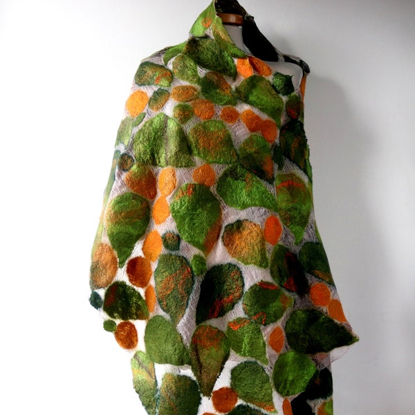 Nuno felted scarf, Green Yellow felt scarf,  woodland scarf , Women shawl Fall scarf  Fall leaf scarf gift for her outdoors gift