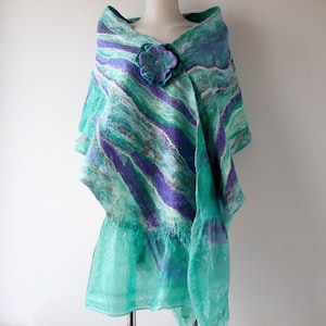 Nuno felted scarf, Women Purple green felt scarf,  pink green wool silk scarf gift for her Galafilc
