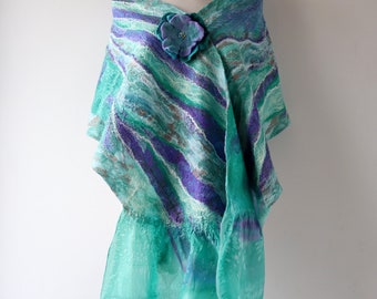 Nuno felted scarf, Women Purple green felt scarf,  pink green wool silk scarf gift for her Galafilc