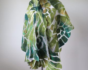 Nuno felted scarf, Green Yellow felt scarf,  woodland scarf , Women shawl Fall scarf  Fall leaf scarf gift for her outdoors gift