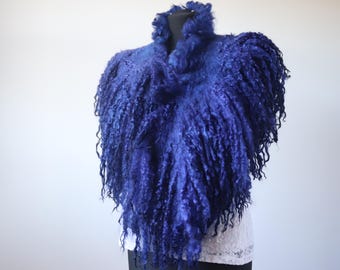 Blue Felted Alpaca Natural wool Scarf: Merino Wool Collar
