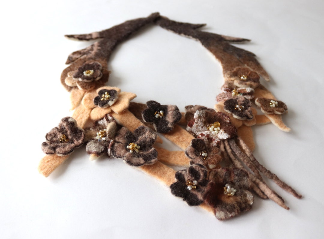 Felted Necklace Grey Beige Flower Necklace Women Wool Necklace Unique