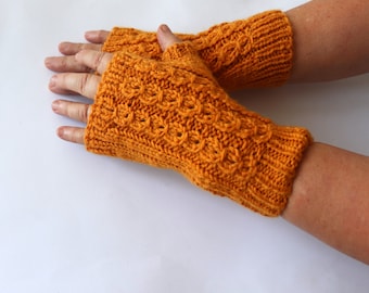 Fingerless gloves  wool  mittens, yellow orange gloves Knit gloves for woman arm warmer