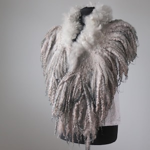 Curly Felted Wool Scarf: Gray Beige Fleece Fur Collar, Hand Felted