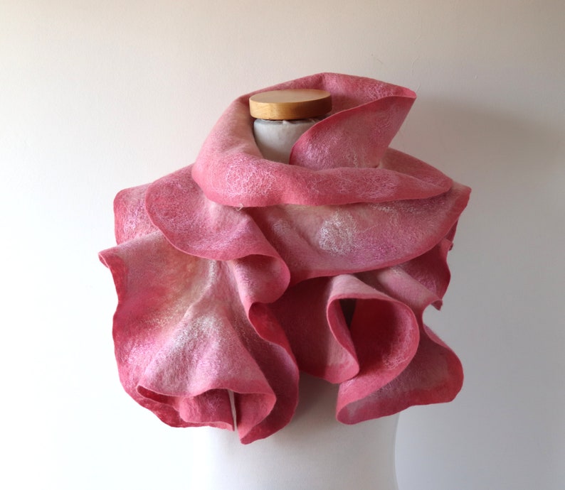 Felted scarf pink ruffle collar Pink women scarf Rose flower scarf wool Ruffle scarf by Galafilc gift for her image 3