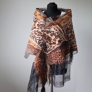 Nuno felted scarf, Women  beige brown felt scarf, animal print wool silk scarf gift for her Galafilc