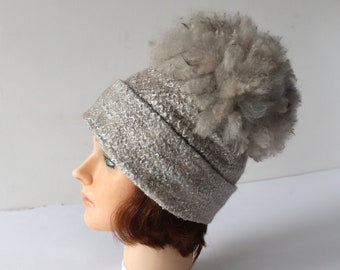 Alpaca Felted hat with pompon Grey Alpaca hat  white wool beanie hat Felt warm hat white Wool Hat pompon Warm felt hat outdoors gift