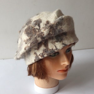 Natural wool beret wool hat Grey beany hat beige wool beanie hat Felt warm hat Brown Grey Wool Hat image 4