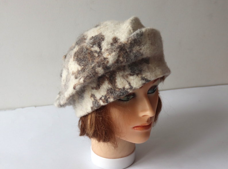 Natural wool beret wool hat Grey beany hat beige wool beanie hat Felt warm hat Brown Grey Wool Hat image 4