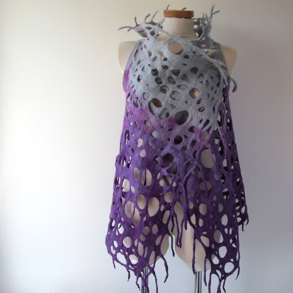 Felted vest, Wool Reversible vest,  Purple grey vest one of a kind vest , Lace women vest , women wool vest lace scarf , women felted vest
