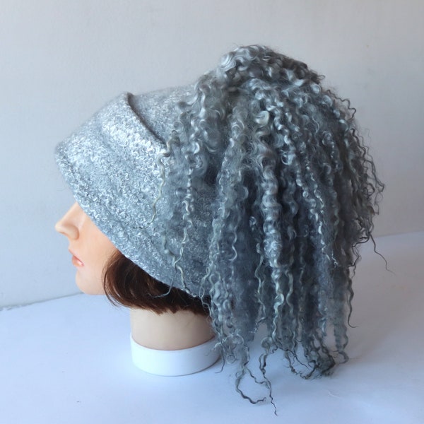 Felted hat Grey wool hat, Felt winter warm hat, Curly free Wool Hat Unisex, Warm felt hat