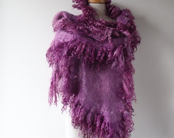 Felt Fur Curly scarf Purple Hand Felted scarf Pure Real Wool Fleece by galafilc Organic and Cruelty Free