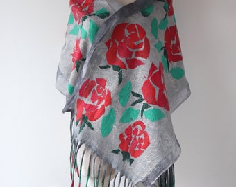 Wool scarf Women Rose scarf Grey red rose felted scarf,  Women floral  scarf  gift for her outdoors gift