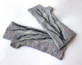 Clothing gift Felt fingerless gloves, Felted mittens Grey warm Mittens, White and Black mitts, Wool gloves, felt by Galafilc outdoors gift