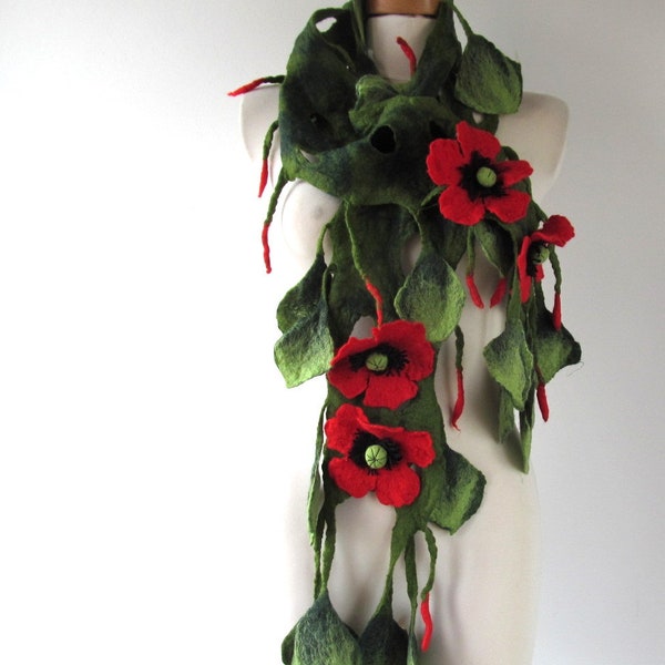 Women felted scarf Green Red poppy scarf long felted lariat Red Poppy flower Spring floral scarf Pogan wedding scarf warm wool scarf