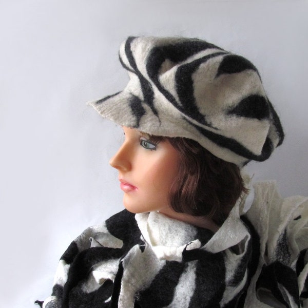 felted beret - zebra stripes black white  visor