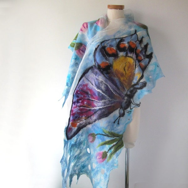 Women spring scarf Nuno felted scarf, Blue white felt scarf buttefly scarf Women felted shawl  galafilc outdoors gift