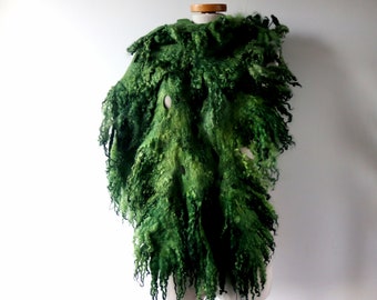 Felt Fur Curly scarf Rustic Green Hand Felted scarf Pure Real Wool Fleece by galafilc Organic and Cruelty Free