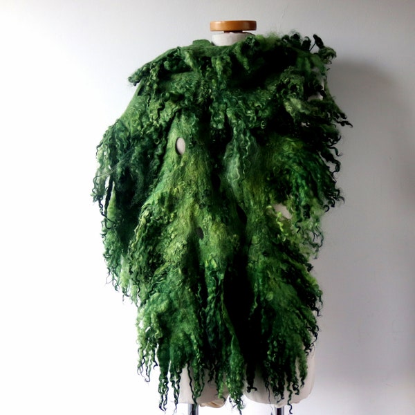 Felt Fur Curly scarf Rustic Green Hand Felted scarf Pure Real Wool Fleece by galafilc Organic and Cruelty Free