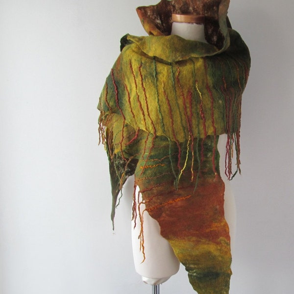 Felted  scarf  Green Yellow felt scarf autumn Fringe scarf  , Wool  shawl, Triangle Felted scarf women felt shawl by Galafilc