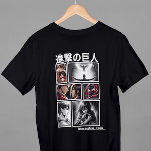 T-shirt noir anime Attaque des Titans 2 motifs emblème Bataillon d’Exploration devant et planche manga Eren Mikasa derrière tailles S à 2XL.