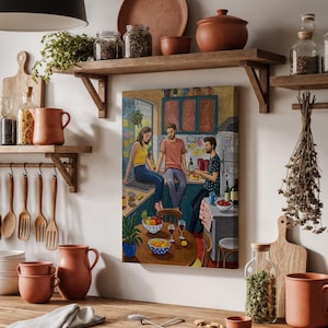Stampa su tela colorata da parete per cucina, stampa arrotolata incorniciata di persone che parlano, arredamento accogliente per la casa, amici a tavola, calda opera d'arte per la sala da pranzo