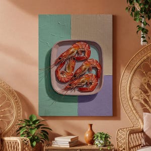 Shrimp Canvas Wall Art, Color Block Kitchen Decor, Framed Seafood Print, Boho Dining Room Artwork, Modern Coastal Wall Hanging