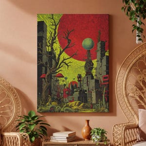 Sci-Fi Dystopian Canvas Art, Alien City Illustration Poster, Rolled or Framed Option, Futuristic Wall Decor, Surreal Space Artwork