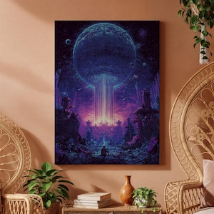 Sci-Fi Planet Canvas Art, Futuristic Alien City Poster, Neon Space Wall Print, Rolled or Framed Option, Cyberpunk Galaxy Decor
