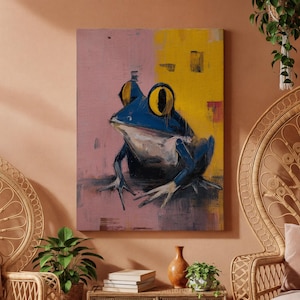 Quadro su tela raffigurante una rana, poster di animali colorati, stampa di una rana eccentrica per il soggiorno, tela incorniciata o arrotolata, decorazione da parete giocosa.