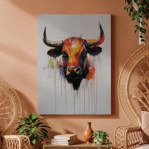 Colorful Bull Wall Art, Abstract Animal Canvas, Dripping Paint Bull Print, Modern Farmhouse Wall Decor, Unframed or Framed Canvas