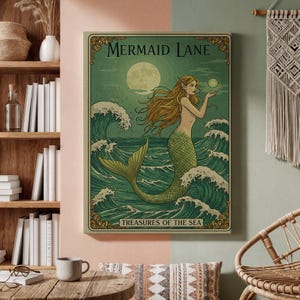Mermaid Canvas Wall Art, Vintage Ocean Fantasy Print, Framed or Rolled Nautical Poster, Sea Decor for Bathroom, Coastal Mermaid Artwork