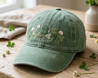 Lucky Shamrock Embroidered Hat, Clover Leaf Washed Dad Cap, Irish Heritage Gift, St Paddys Day Hat, Wildflower Embroidery, Spring Aesthetic