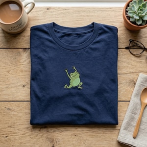 Dancing Frog Embroidered Shirt, Happy Froggy Tshirt, Whimsical Animal Embroidery, Forest Friend Tee, Cute Cottagecore Top, Embroidered Toad