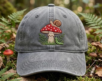 Embroidered Snail and Mushroom Hat, Caterpillar Forest Cap, Cute Nature Scene Headwear, Slow Life Gift, Woodland Wildlife, Washed Dad Cap