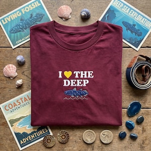 Embroidered T-Shirt, Coelacanth Living Fossil Tee, Deep Sea Exploration Shirt, Marine Biology Gift, Prehistoric Fish Lover Ocean Crewneck
