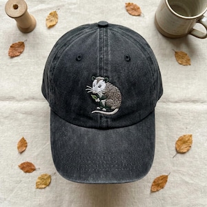 Foraging Opossum Embroidered Wash Dad Cap, Possum Lover Gift, Nature Core Aesthetic, Animal Art Headwear, Distressed Charcoal Baseball Cap