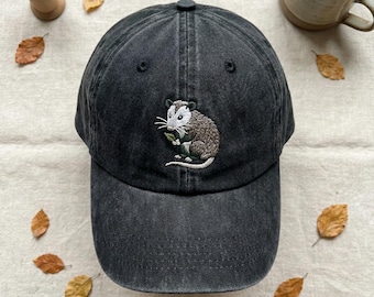 Foraging Opossum Embroidered Wash Dad Cap, Possum Lover Gift, Nature Core Aesthetic, Animal Art Headwear, Distressed Charcoal Baseball Cap