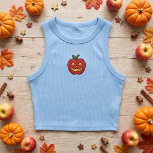 Jack-o'-lantern Apple embroidered Tank Top Spaghetti Strap, Halloween Fruit Shirt, Cute Fall Crop Top, Aesthetic Autumn Top, Spooky Orchard