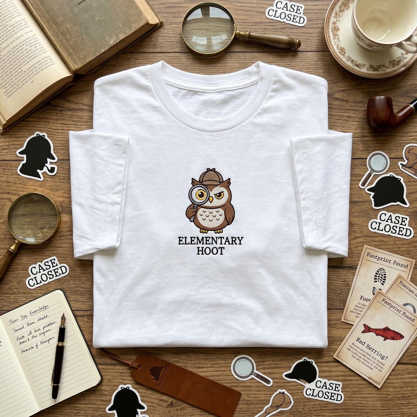 Elementary Hoot Shirt, Funny Sherlock Owl Embroidered T Shirt, Clever Detective Bird Tee, Whimsical 