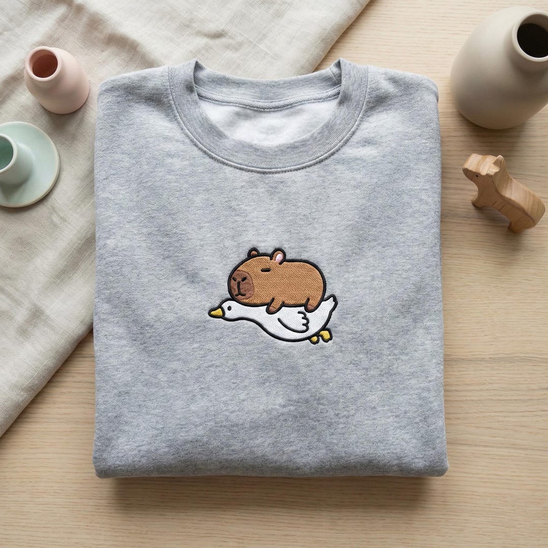 Capybara Riding Goose Funny Embroidered Capybara and Duck Hoodie, Animal Rider Sweatshirt ...