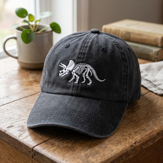 Triceratops Fossil Embroidery, Embroidered Wash Dad Cap, Paleontologist Hat, Dinosaur Skeleton Apparel, Ancient History Gift, Dino Nerd Cap