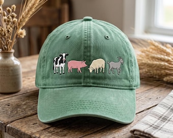 Gorra de béisbol bordada con animales de granja, gorro adorable de vaca, cerdo, oveja y cabra, gorra con estética cottagecore, regalo para granjero, gorro de estilo campestre.