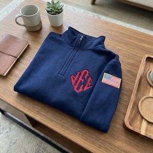 Embroidered Monogram Quarter Zip Sweatshirt, J.E.E Epstein Initials, USA Sleeve Custom Pullover