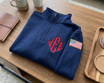 Sweat-shirt avec fermeture éclair quart monogramme brodé, initiales J.E.E. Epstein, pull personnalisé sur la manche USA